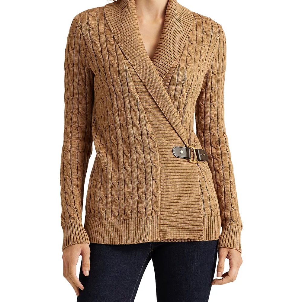 Ralph Lauren Camel Cable Knit Shawl Collar Buckle Cardigan L arge size